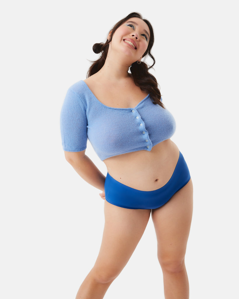 teen wearing blue leakproof period underwear